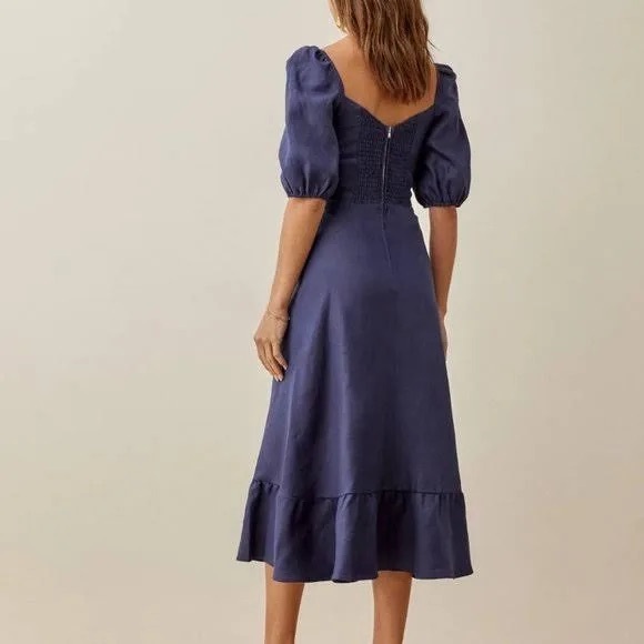 Reformation Belgium Linen Midi Dress in Danube Navy Puff Sleeve Fit Flare Size 4 - Picture 4 of 10
